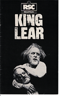 RSC Aldwych Theatre logo at the top, black cover with black-and-white picture of Donald Sinden as King Lear holding in his arms the blind Earl of Gloucester played by Tony CHurch 