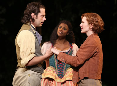 Orlando and Rosalind as Gannymede hold hands, while Celia in shepherdess dress, looks at Orlando