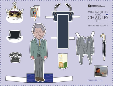 A sheet with cut outs of Prince Charles in three piee gray suit, a crown, a tophat, a telophone, an ipad and pens, a podium, a box of biscuits, a suit of tails, an umbrella, and an ipad, with the Shakespeare Theatre Company logo and "Mike Bartlett's King Charles III begins February 7